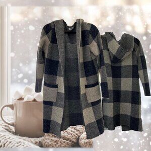 Cozy Monteau Black & White Plaid Hooded Long Sweater Cardigan Jacket